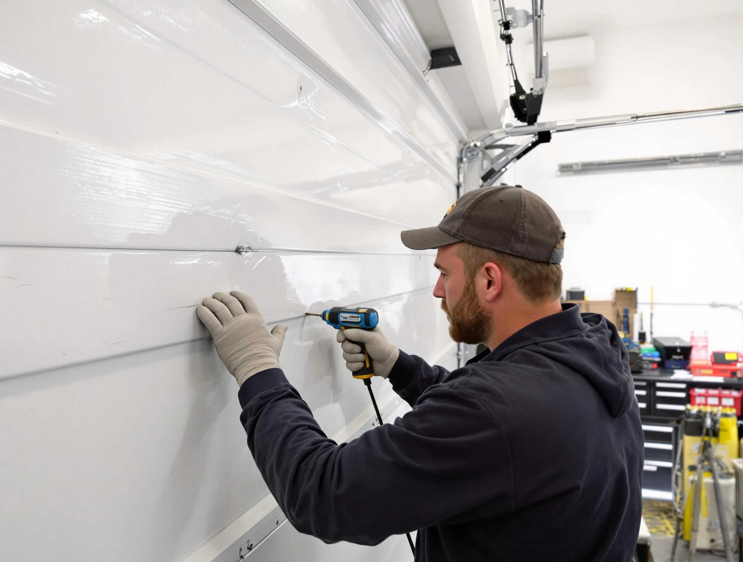 Wheat Ridge Garage Door Repair technician demonstrating precision dent removal techniques on a Wheat Ridge garage door